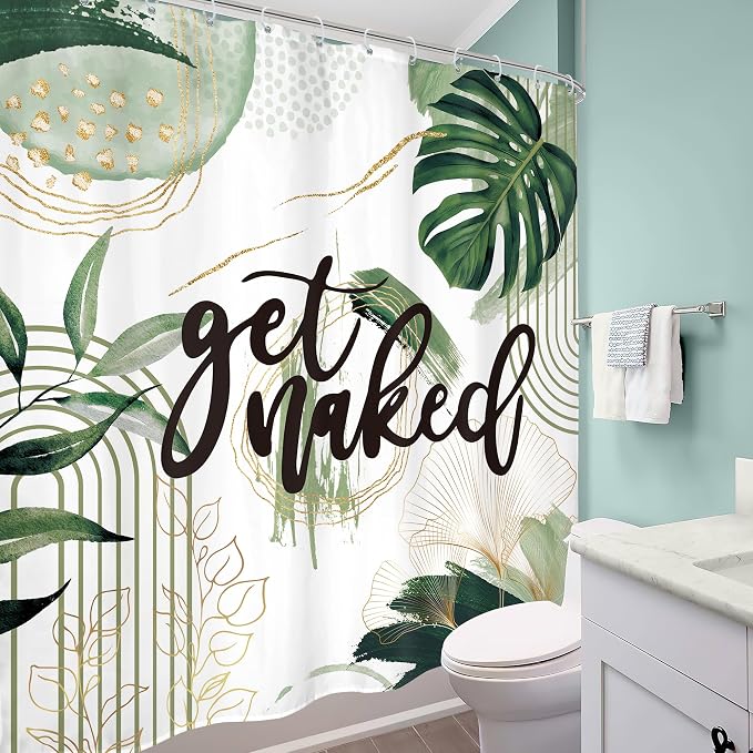 Green Boho Shower Curtain 72Wx72H Sage Green Golden Get Naked Abstract - Image 4
