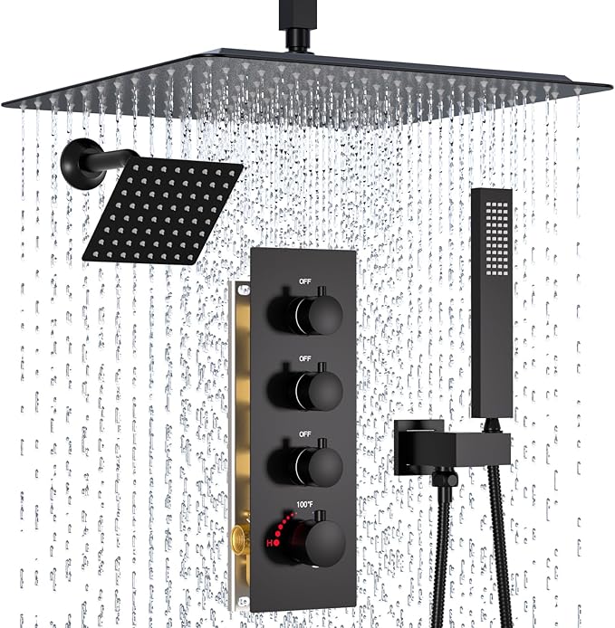 Enga Thermostatic Dual Rain Shower System, Shower Faucet Set by Enga