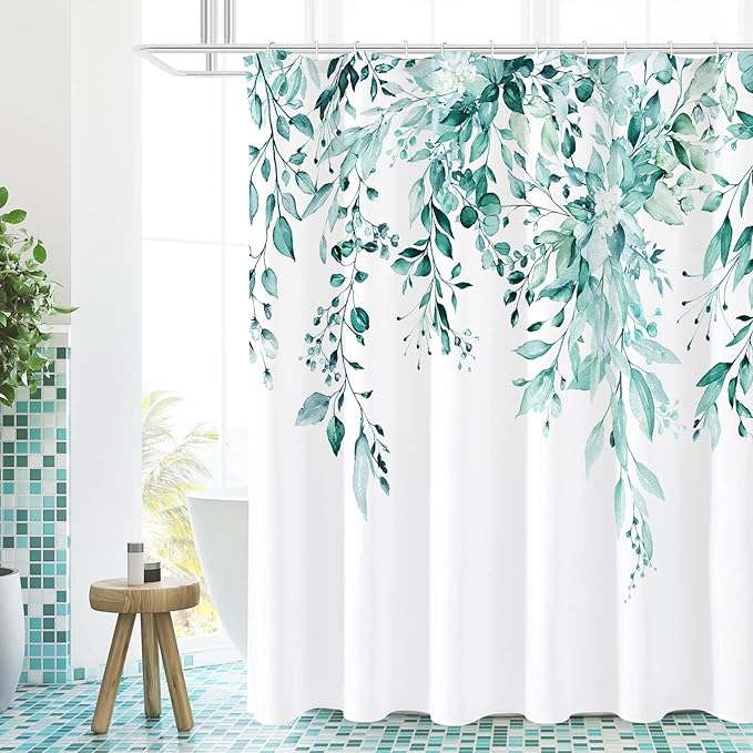 Gibelle Teal Eucalyptus Shower Curtain, Watercolor Plant Leaves by Gibelle