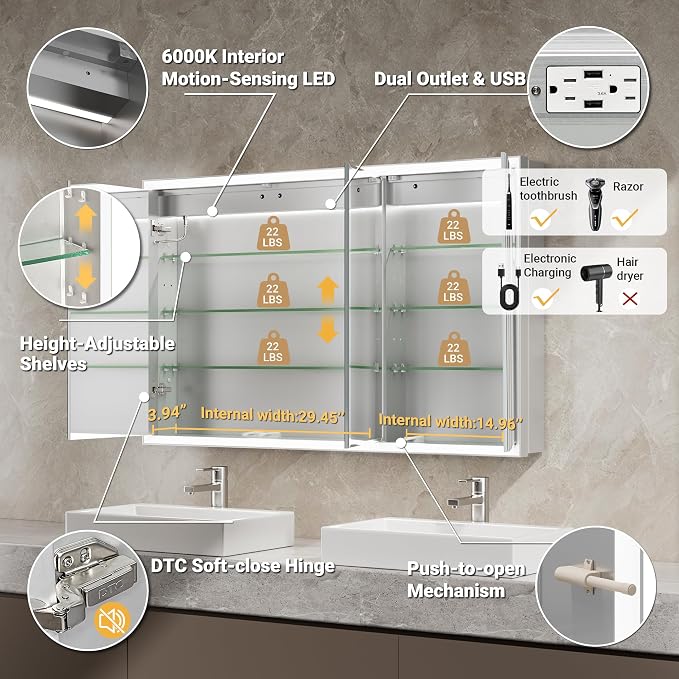 48x30 Beveled Lighted Medicine Cabinet - Image 6