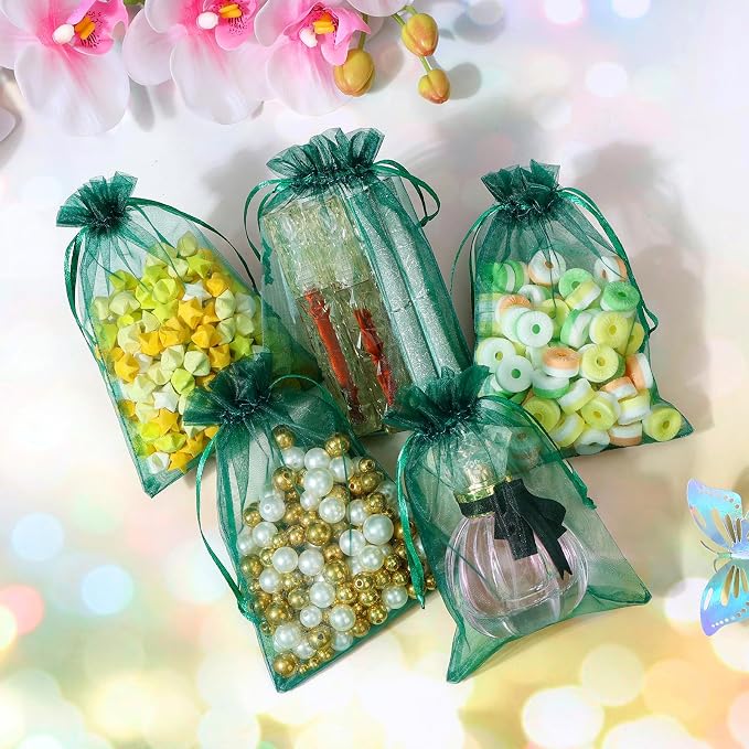 Hopttreely 100PCS Dark Green Organza Bags, 4X4.72 inch Mesh Bags Drawstring - Image 7