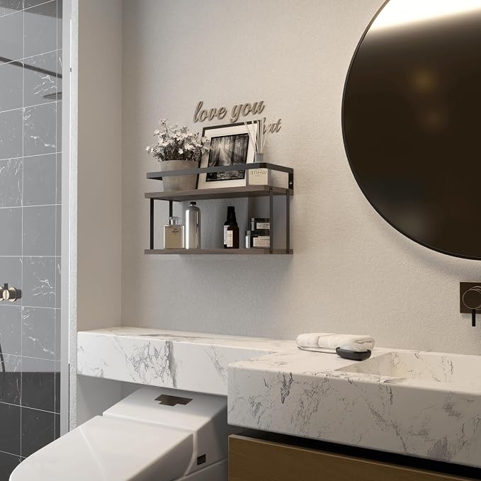 RICHER HOUSE Dual-Level Guardrail Bathroom Shelves, Wood Floating Shelf Wall - Image 7