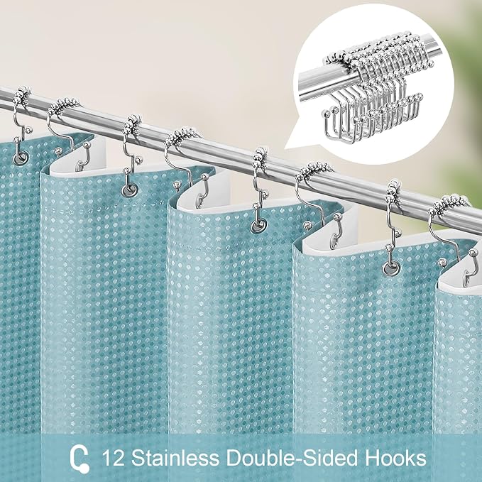 3 in 1 Extra Long Shower Curtain Set-72 W x 84 H, Teal Blue Waffle and PEVA - Image 3