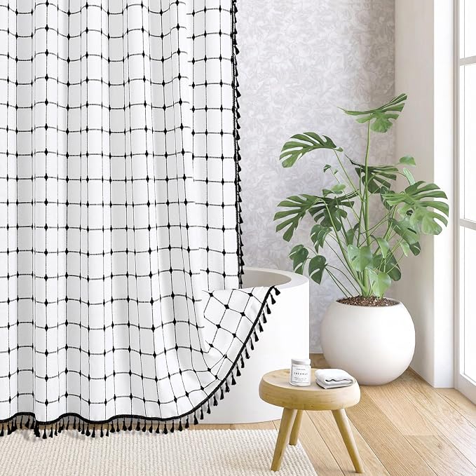 MitoVilla Ivory Black Boho Extra Long Shower Curtain 72 x 84, Modern Farmhouse by MitoVilla