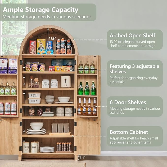 71" Tall Arched Kitchen Pantry, Modern Fluted Wood Storage Cabinet - Image 4