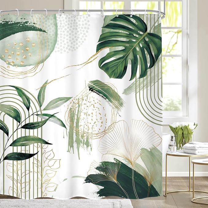 Sage Green Boho Shower Curtain Extra Long Modern Abstract Tropical Leaves by MitpokBrand