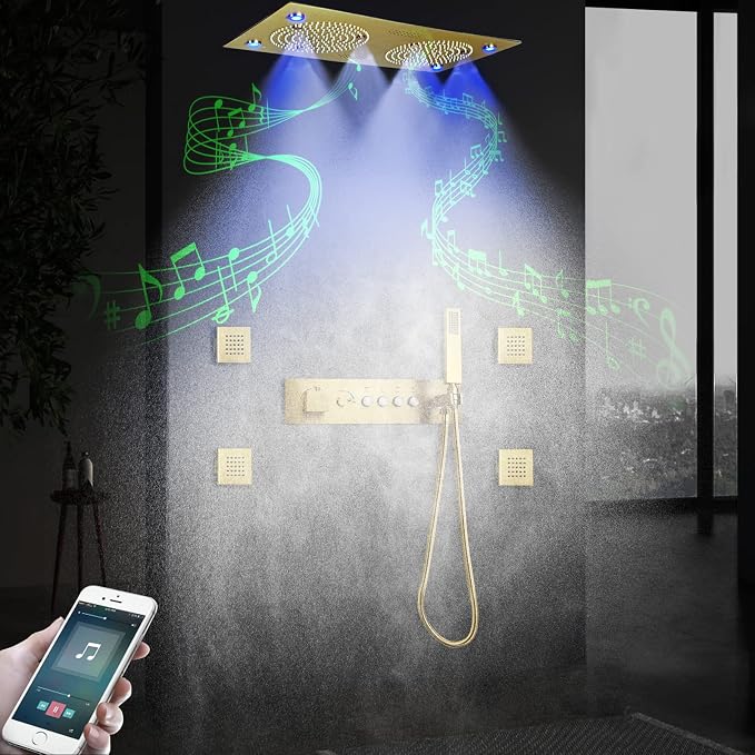 Brushed Gold Thermostatic Rain LED Shower System - Image 2