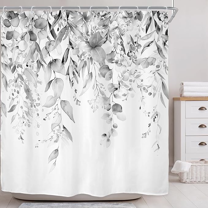 Riyidecor Grey Eucalyptus Leaves Shower Curtain - Image 2