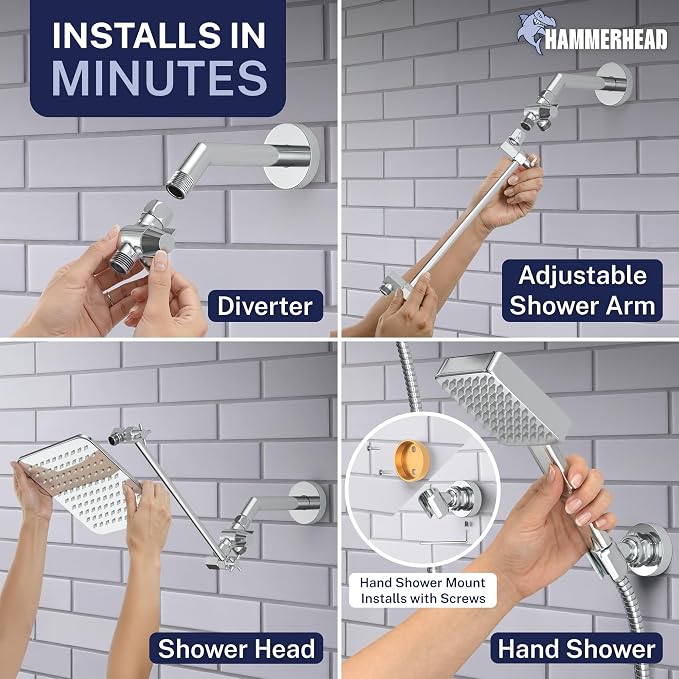 HammerHead® Solid Metal Dual Shower Head Combo — 8" Square Rain Shower Head - Image 5