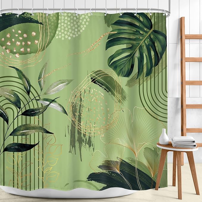 Sage Green Boho Shower Curtain 72Wx72H Abstract Mid Century Tropical Palm - Image 2