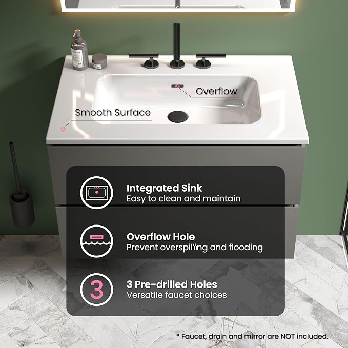 30" Bathroom Vanity with Sink, Modern Floating Vanity with Double Soft Closing - Image 4
