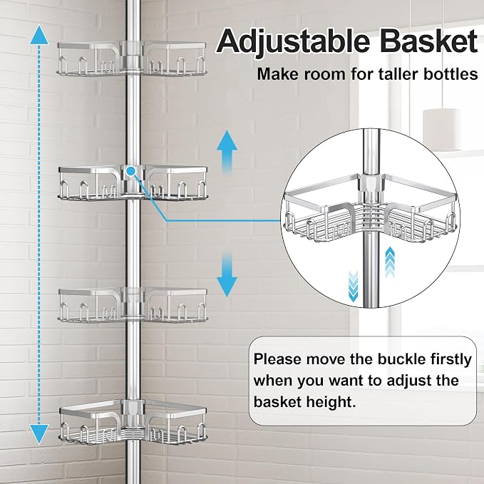Corner Shower Caddy Tension Pole, 39-113 inch Adjustable Rustproof Floor - Image 4
