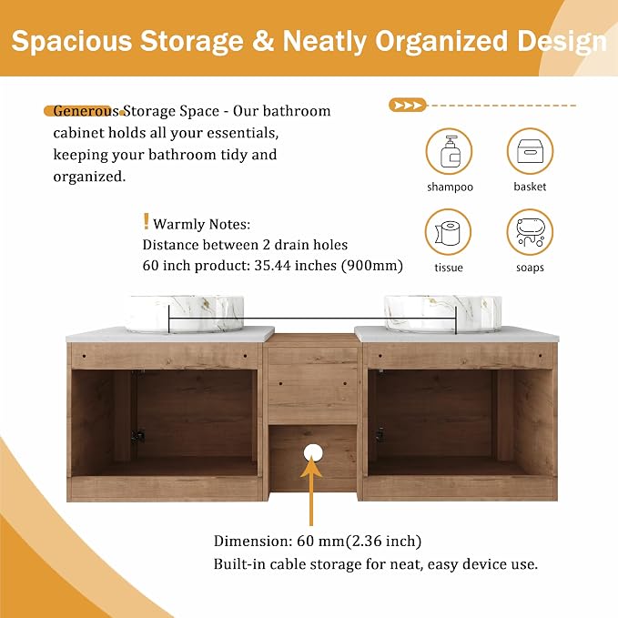 Malwee 60" Floating Bathroom Vanity - Image 6