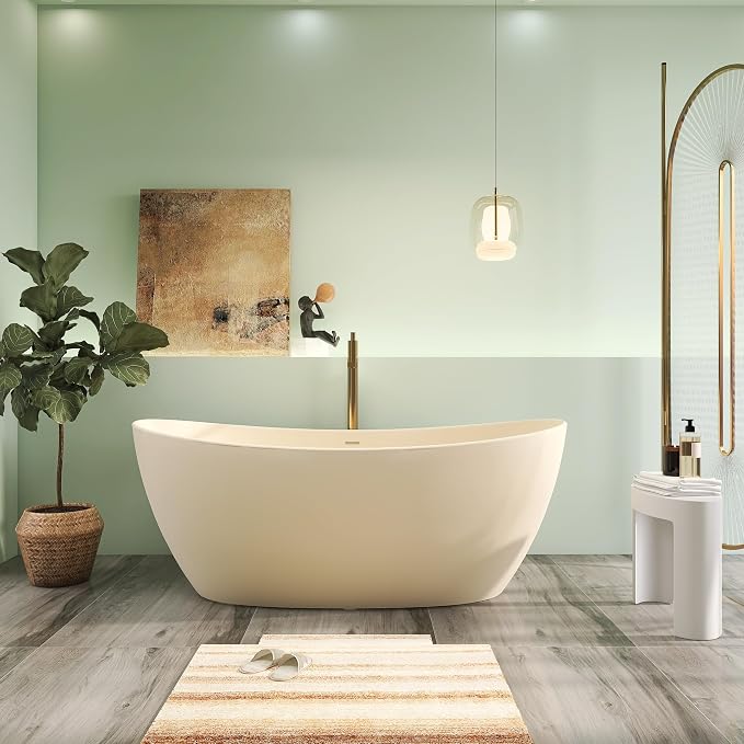 65" Premium Solid Surface Freestanding Bathtub, Modern Cream Design Stone Resin by HIGEINE