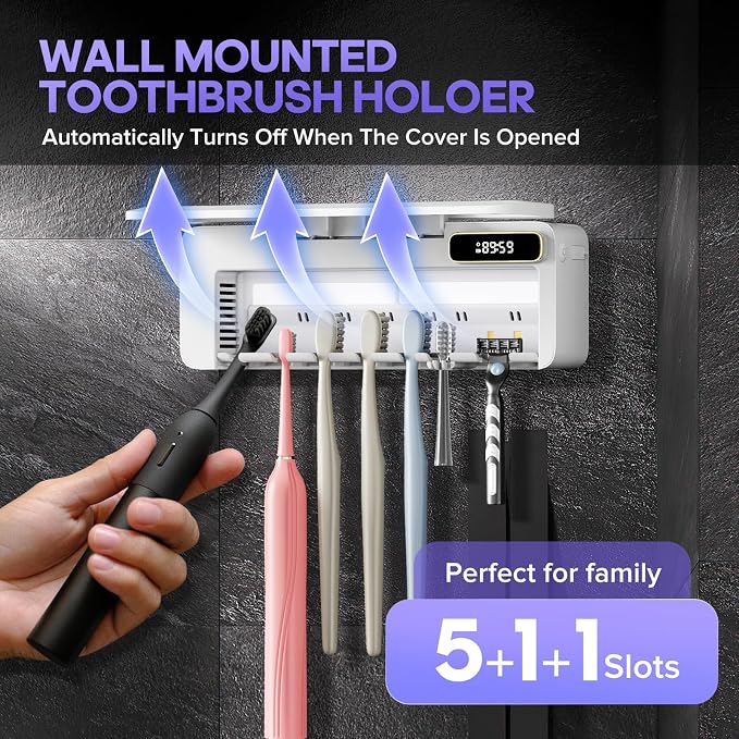 Smart Toothbrush Sanitizer & Holder, 5+1+1 Slot Wall Mounted Toothbrush Cleaner - Image 2