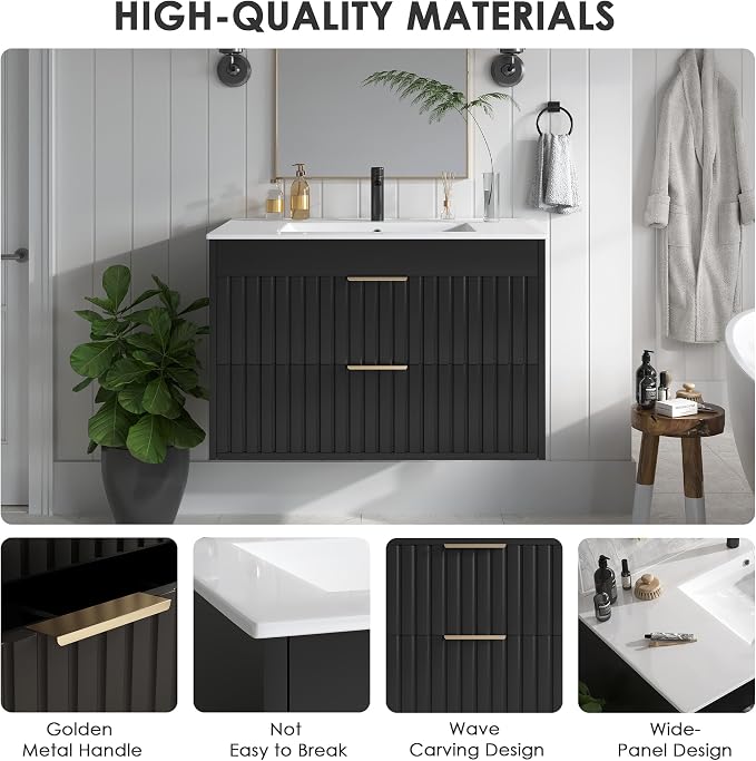 30" Bathroom Vanity with Sink, Floating Bathroom Vanity with 2 Fluted Drawers & - Image 6