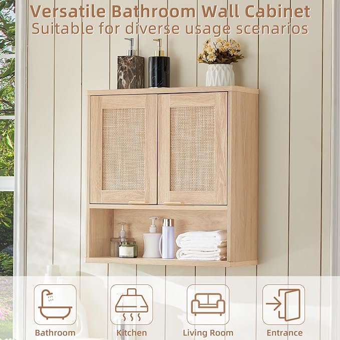 LEYAOYAO Rattan Bathroom Wall Cabinet, Boho Medicine Cabinet - Image 5