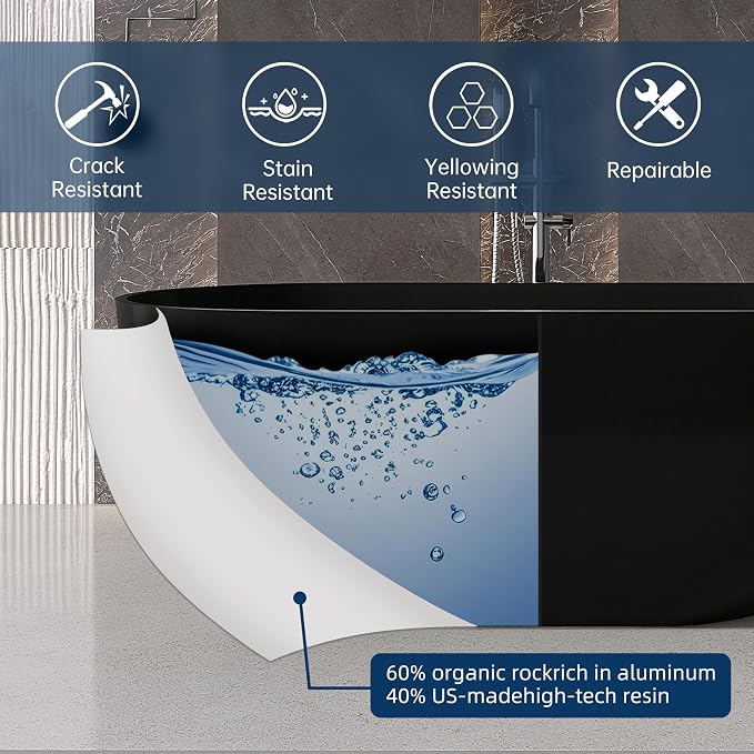 59'' Resin Stone Freestanding Bathtub, Matte Black Soaking Tub Solid Surface - Image 8