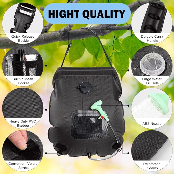 Solar Shower Bag | 5 Gal/20L Solar Heating Camping Shower Bag | Removable Hose - Image 3