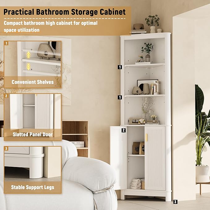 69" Tall Corner Shelf with Doors, 7-Tier Corner Storage Cabinet with Doors - Image 3