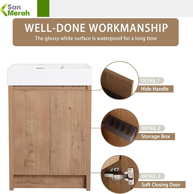 24 inch Bathroom Vanity with Sink, Bathroom Vanity Cabinet W/Resin Sink - Image 3