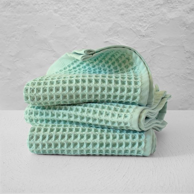 PÜSKÜL Organic Waffle Kitchen Towel 100% Turkish Cotton Set of 3 Ice Green by P%C3%BCsk%C3%BClTextile