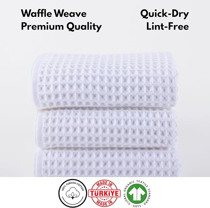 PÜSKÜL Organic Waffle Hand & Kitchen Towel 100% Turkish Cotton Set of 3 White - Image 5