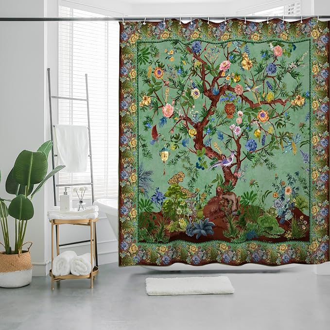 Bohemian Shower Curtain, Boho Floral Print Water Repellent Polyester Fabric - Image 3