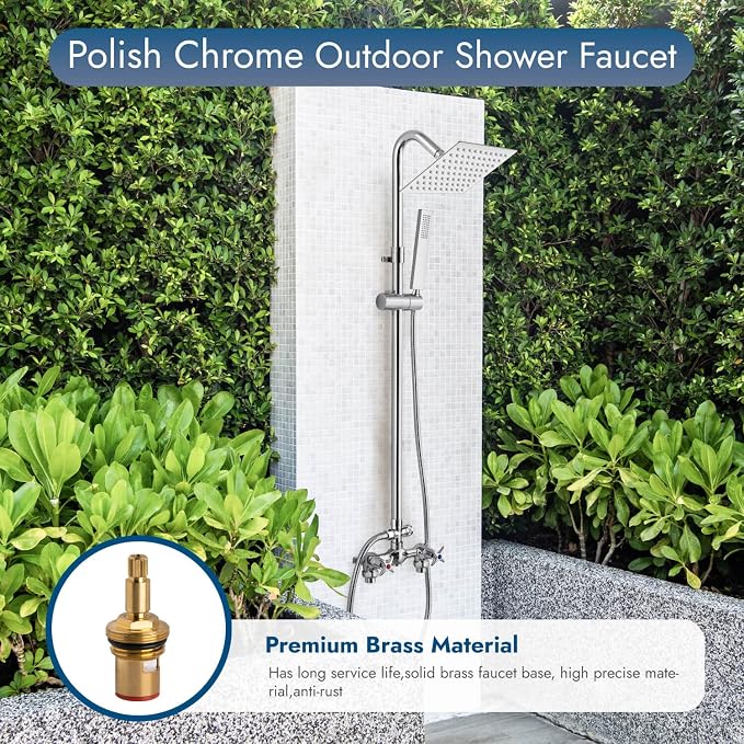 Wall Mount Outdoor Shower Kit Polish Chrome 6" Square Rainfall Shower Head - Image 8