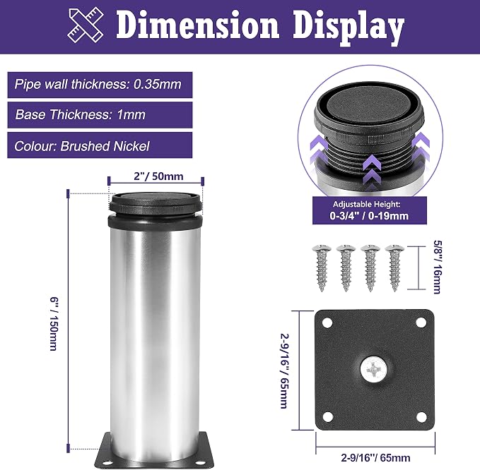 6 Inch Metal Furniture Legs Stainless Steel Adjustable Legs Silver Metal Legs - Image 5
