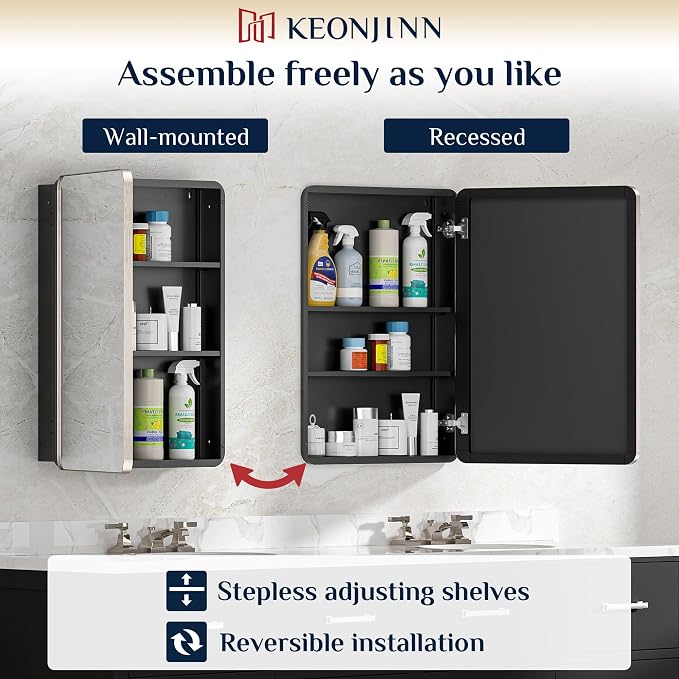 Keonjinn 24 x 32 Inch Brushed Nickel Mirrored Medicine Cabinet, Recessed - Image 6