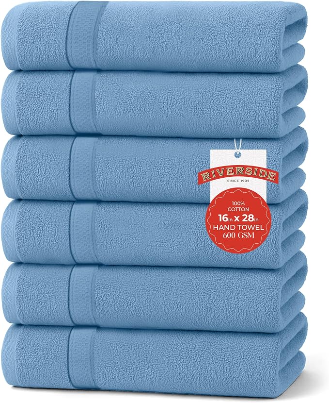 RIVERSIDE 6 Pack Premium Hand Towels Set, 16x28 inches, 100% Ring Spun Cotton by RIVERSIDE