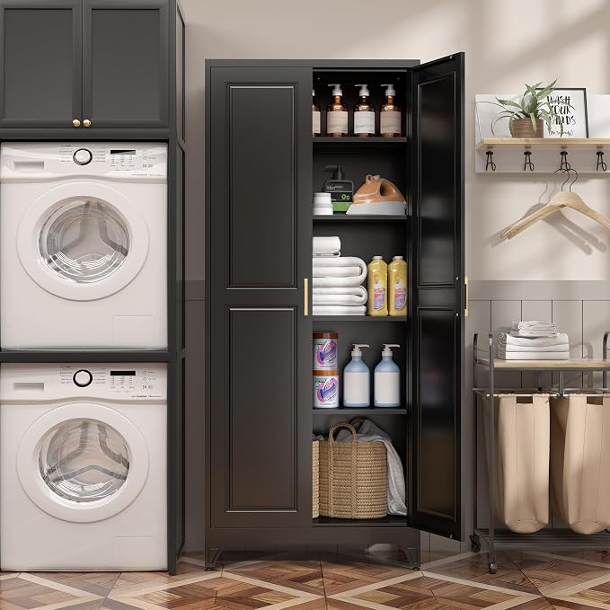 Kitchen Pantry Cabinet, 75”Black Metal Storage Cabinets - Image 7