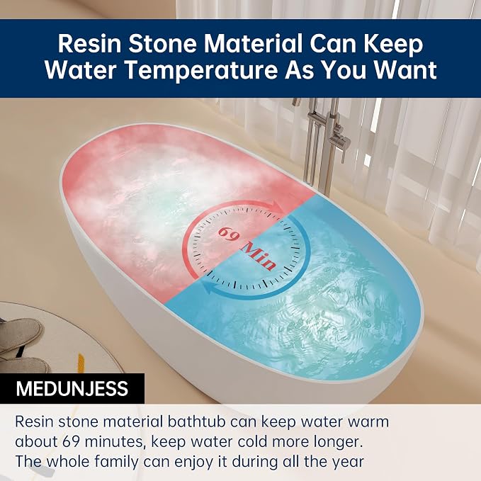 59'' Stone Resin Freestanding Bathtub, Bathroom Solid Surface Tub Bathtubs - Image 3