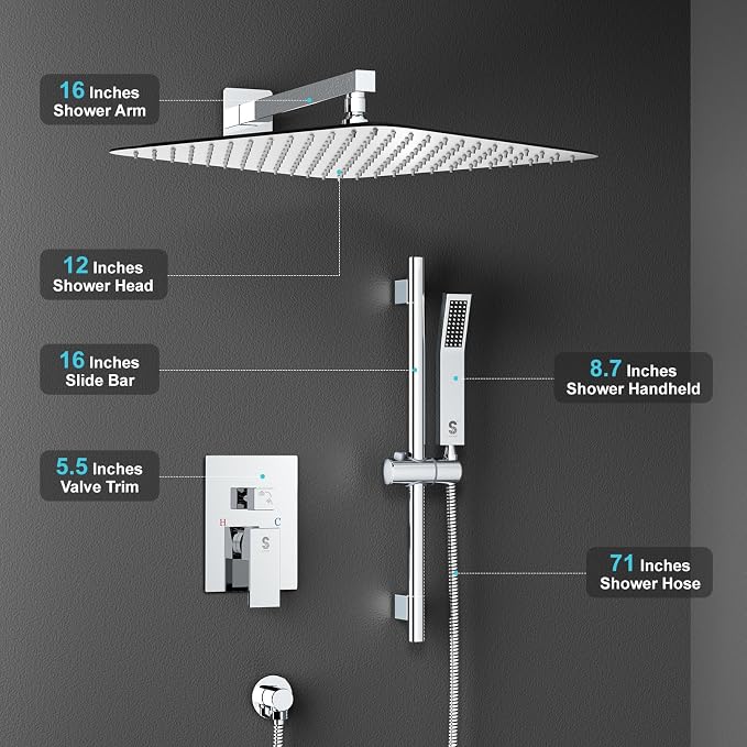 SR SUN RISE 12 Inch Slide Bar Shower System, Square Rain Shower Head and - Image 5