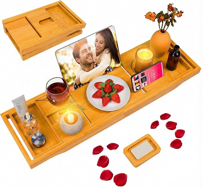 Foldable Bathtub Caddy Tray, Bamboo Bath Tub Tray Table by BESHOF