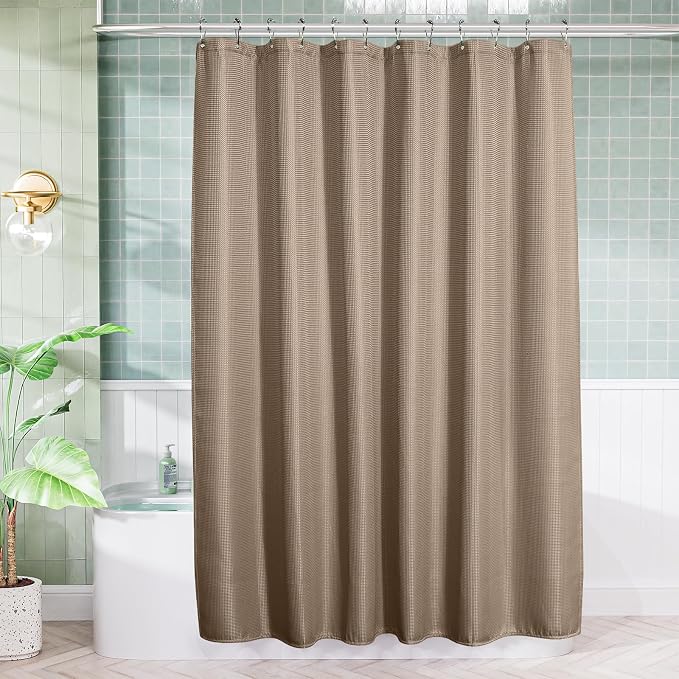 AmazerBath Taupe Shower Curtain Waffle Textured, Fabric Shower Curtain Tan - Image 2