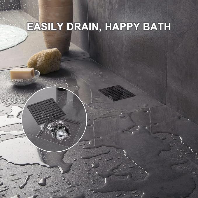 4 Inch Square Shower Floor Drain, Matte Black 304 Stainless Steel Shower Floor - Image 4