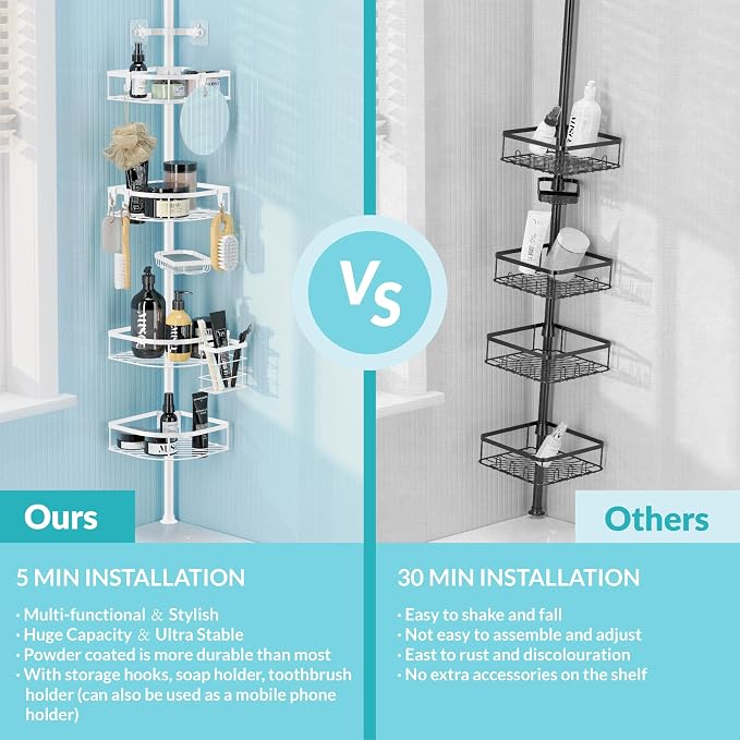Shower Caddy Tension Pole, 4-Tier Adjustable Corner Shower Standing Caddy - Image 4