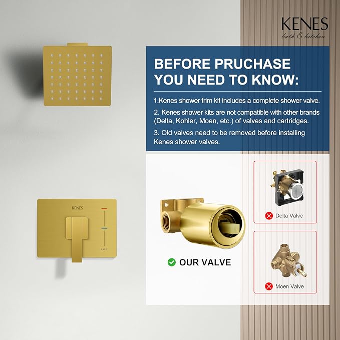 KENES Brushed Gold Shower Faucet, Modern Square 6-Inch Shower Head and Handle - Image 3