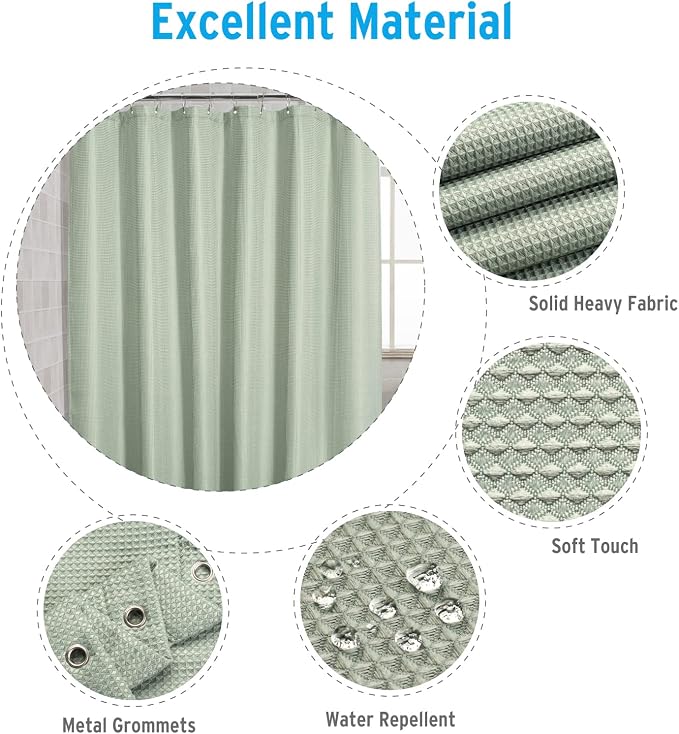 AmazerBath Sage Green Shower Curtain Fabric, Waffle Shower Curtain Cloth - Image 3