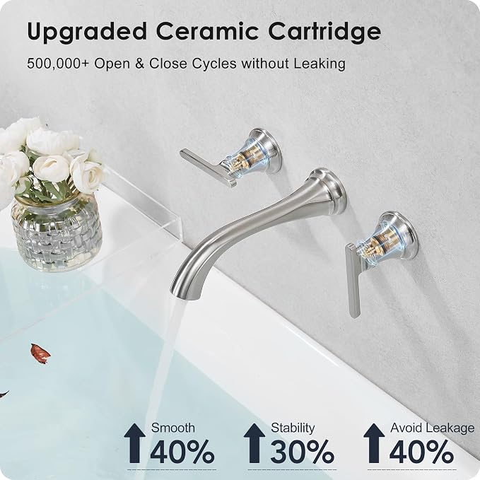 Brass Wall Mount Tub Filler, High Flow 8" Spout Reach Brushed Nickel Bathtub - Image 5