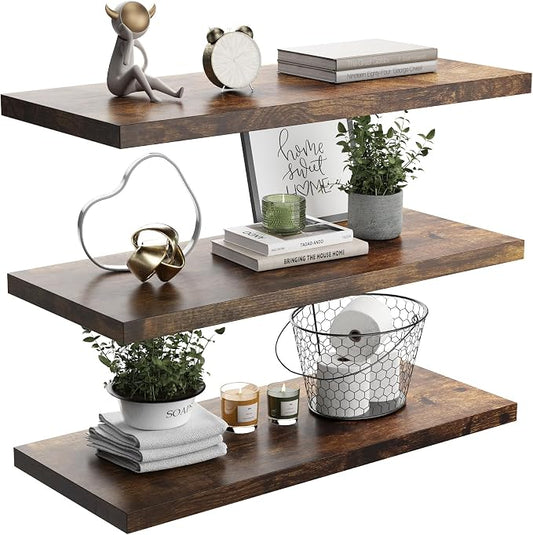 Wall Shelf Set of 3, Rustic Brown Floating Shelves 30 in W x 10 in D x 1 in H by Home