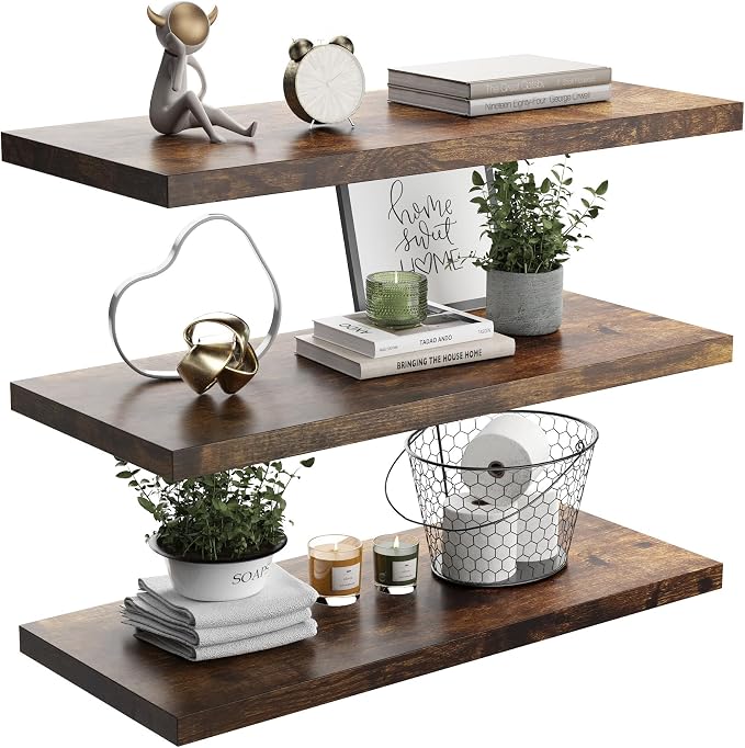Wall Shelf Set of 3, Rustic Brown Floating Shelves 36 in W x 10 in D x 1 in H by Home