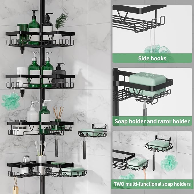 Tension Pole Shower Caddy, 4-Tier Stainless Steel Shower Organizer - Image 3