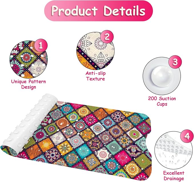 Bathtub Mat Non Slip, Bohemia Extra Long Bath tub Mat Shower Floor Mat - Image 3