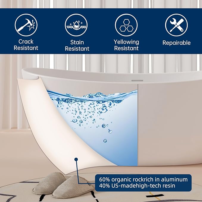 55'' High-back Freestanding Solid Surface Resin Stone Bathtub, Freestanding Tub - Image 4