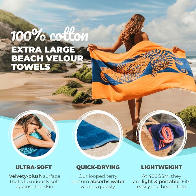 Nova Blue Seahorse Beach Towel – Blue and Orange - Image 2