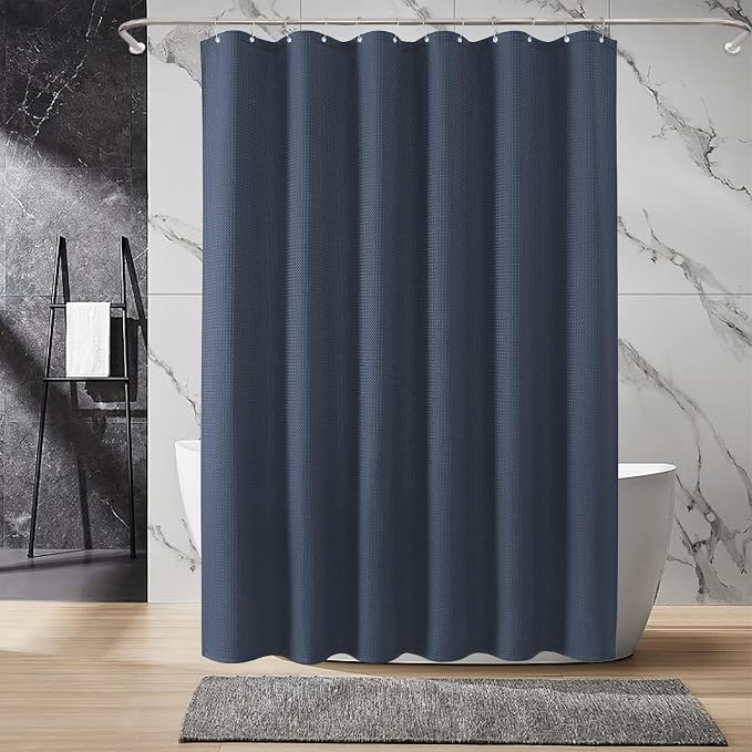 Inhousolu Fabric Shower Curtain Waffle Weave, Weighted Hem, 8 Metal Hooks - Image 8