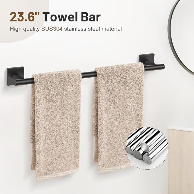 5 Pieces Bathroom Hardware Set Matte Black Towel Bar Set Includes 23.6” Towel - Image 2